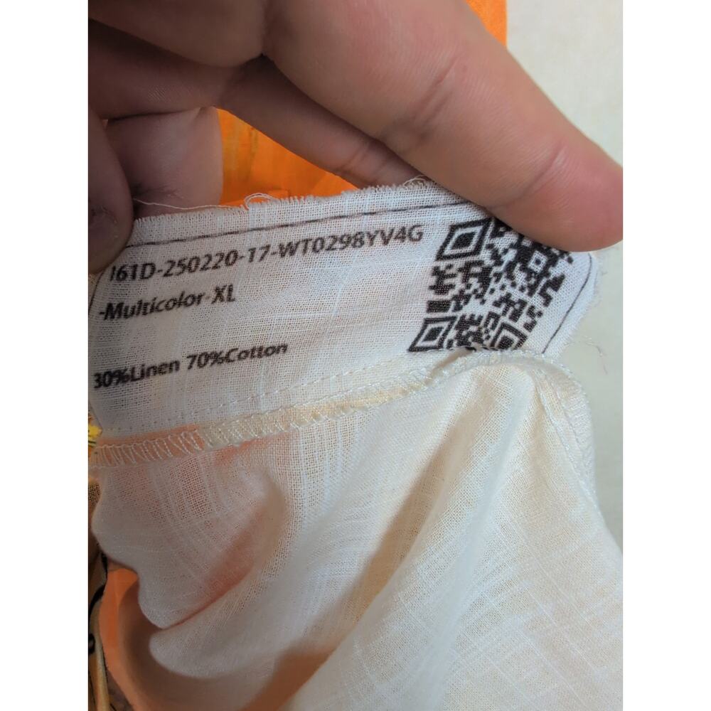 Avery & Maren Peace Sign linen orange button up shirt Size XL Boho Hippie Retro - Picture 4 of 5